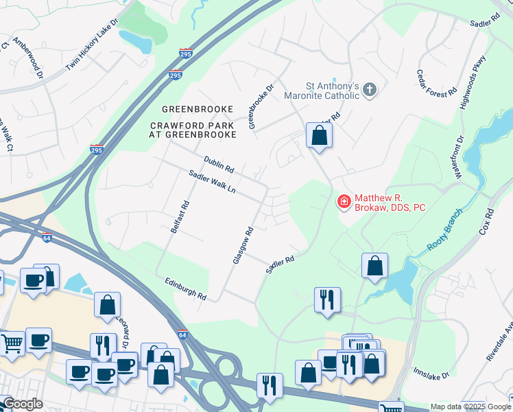 map of restaurants, bars, coffee shops, grocery stores, and more near 11401 Sadler Walk Lane in Glen Allen