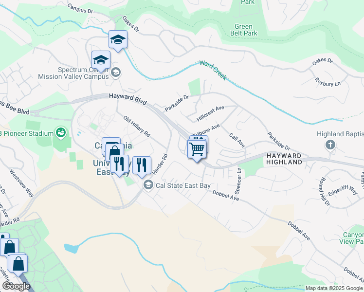 map of restaurants, bars, coffee shops, grocery stores, and more near 2485 Saint Helena Drive in Hayward