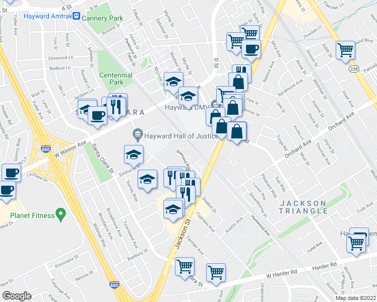map of restaurants, bars, coffee shops, grocery stores, and more near 16 West Jackson Street in Hayward