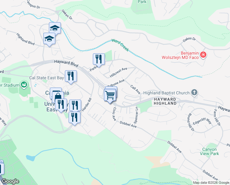 map of restaurants, bars, coffee shops, grocery stores, and more near 26660 Hayward Boulevard in Hayward