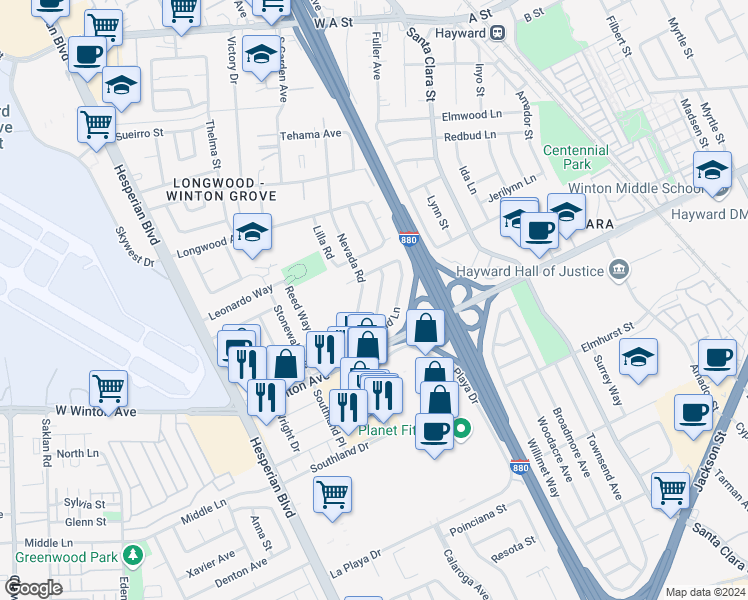 map of restaurants, bars, coffee shops, grocery stores, and more near 657 Quincy Way in Hayward