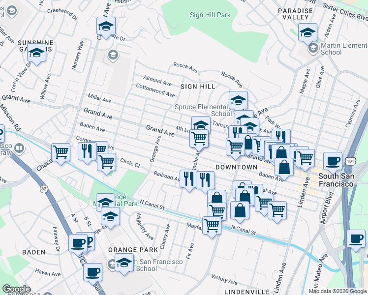 map of restaurants, bars, coffee shops, grocery stores, and more near 630 Baden Avenue in South San Francisco