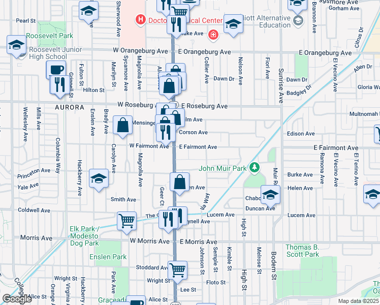 map of restaurants, bars, coffee shops, grocery stores, and more near 1004 McHenry Avenue in Modesto