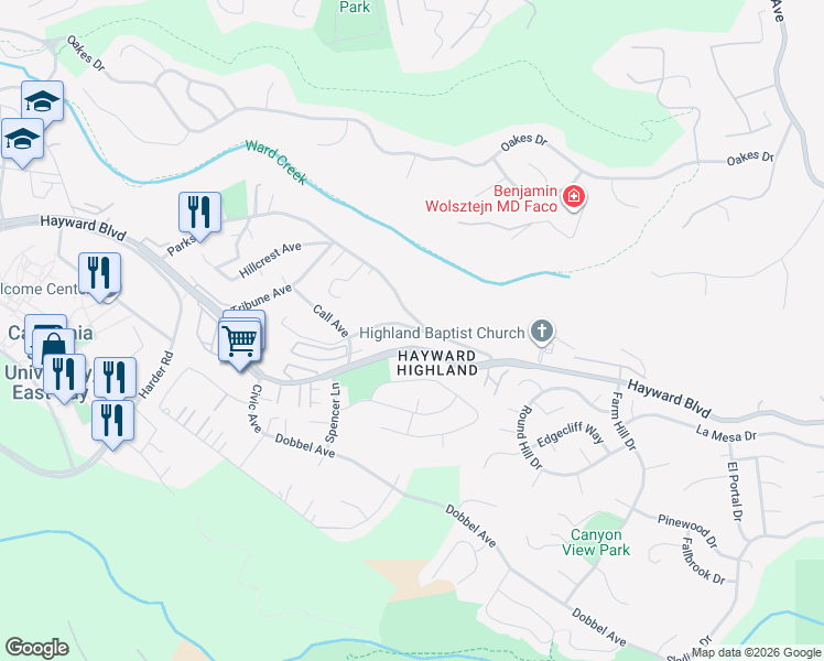 map of restaurants, bars, coffee shops, grocery stores, and more near 27110 Parkside Drive in Hayward
