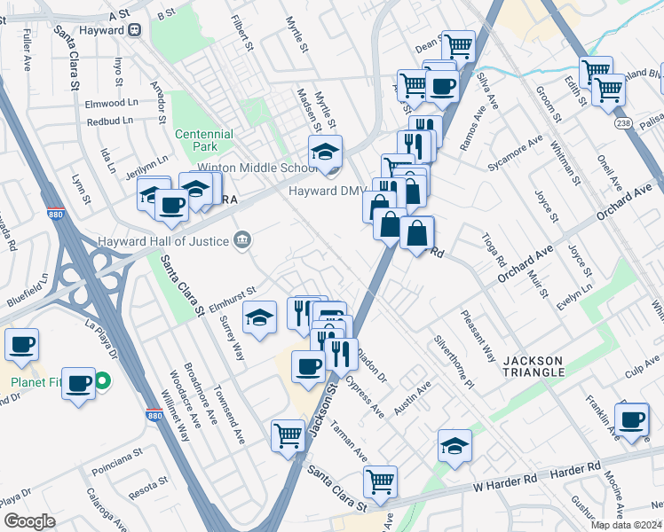 map of restaurants, bars, coffee shops, grocery stores, and more near 16 West Jackson Street in Hayward