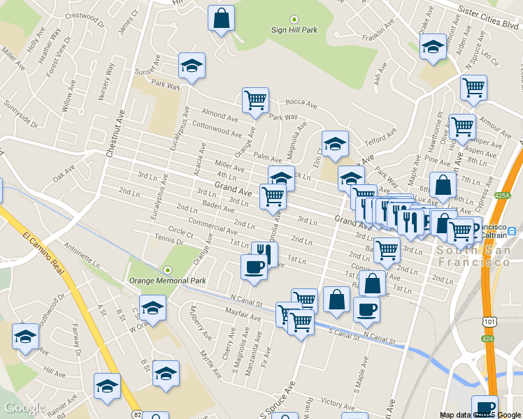 map of restaurants, bars, coffee shops, grocery stores, and more near 631 Grand Avenue in South San Francisco