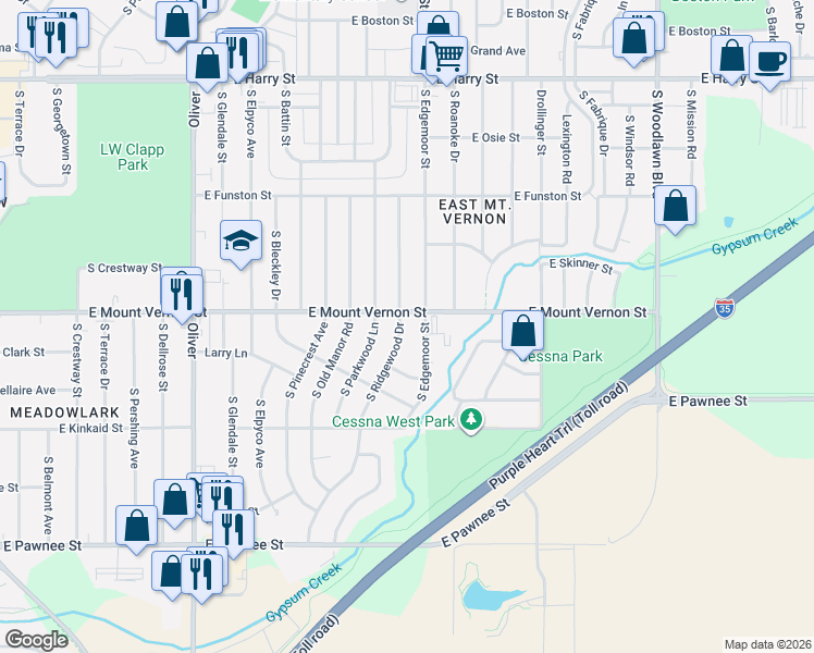 map of restaurants, bars, coffee shops, grocery stores, and more near 5502 East Mount Vernon Street in Wichita