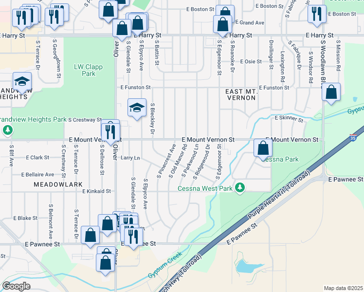 map of restaurants, bars, coffee shops, grocery stores, and more near 1956 South Pinecrest Street in Wichita