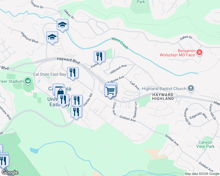 map of restaurants, bars, coffee shops, grocery stores, and more near 26550 Hayward Boulevard in Hayward
