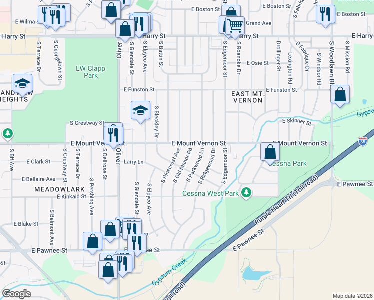map of restaurants, bars, coffee shops, grocery stores, and more near 1956 South Pinecrest Street in Wichita