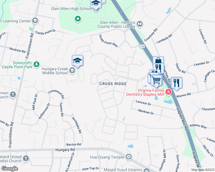 map of restaurants, bars, coffee shops, grocery stores, and more near 836 Fair Port Circle in Glen Allen