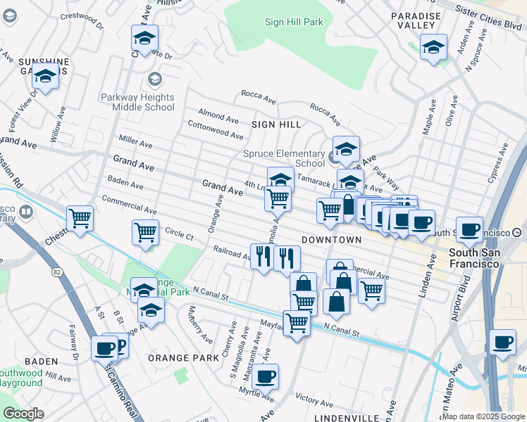 map of restaurants, bars, coffee shops, grocery stores, and more near 630 Baden Avenue in South San Francisco