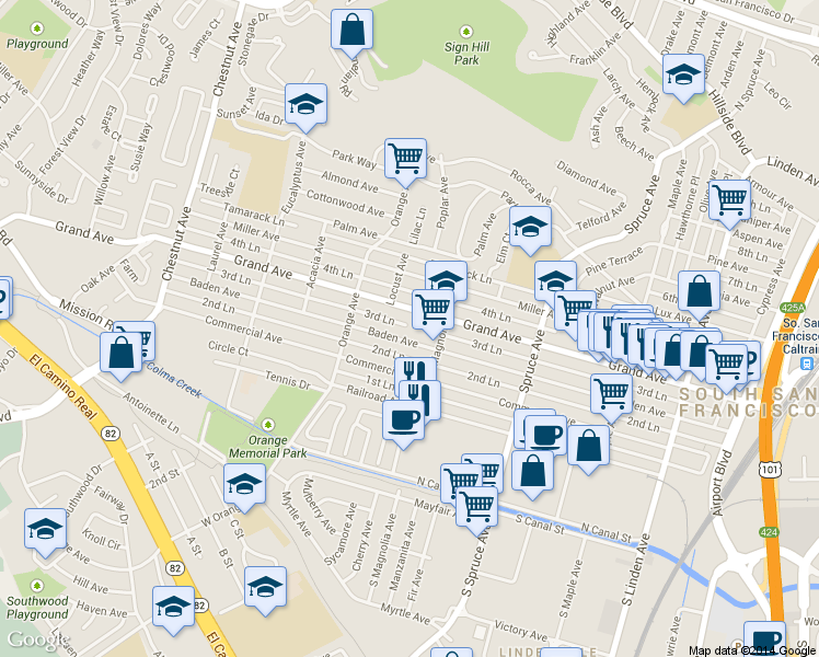 map of restaurants, bars, coffee shops, grocery stores, and more near 631 Grand Avenue in South San Francisco