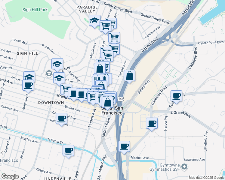 map of restaurants, bars, coffee shops, grocery stores, and more near 203 California Avenue in South San Francisco