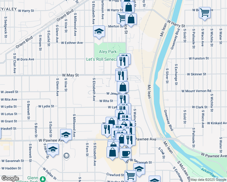 map of restaurants, bars, coffee shops, grocery stores, and more near 1319 West May Street in Wichita
