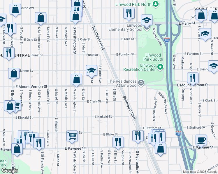 map of restaurants, bars, coffee shops, grocery stores, and more near 1945 South Lulu Street in Wichita