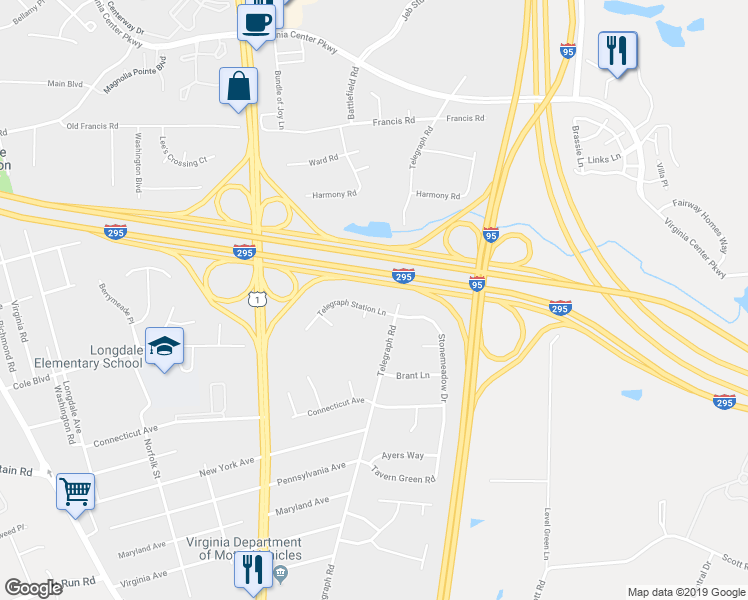 map of restaurants, bars, coffee shops, grocery stores, and more near 1012 Telegraph Station Lane in Glen Allen