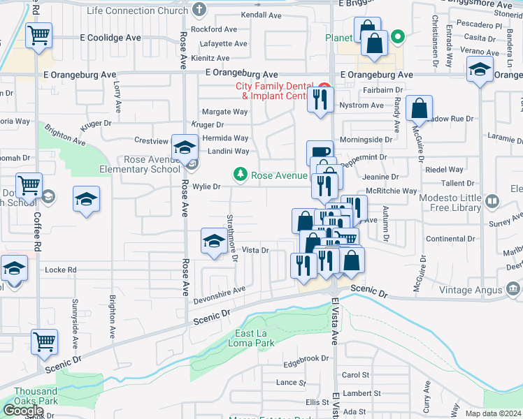 map of restaurants, bars, coffee shops, grocery stores, and more near 1007 Gemini Court in Modesto