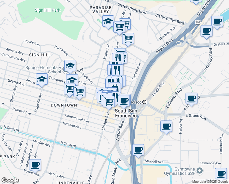 map of restaurants, bars, coffee shops, grocery stores, and more near 418 Linden Avenue in South San Francisco