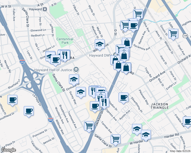 map of restaurants, bars, coffee shops, grocery stores, and more near 24530 Diamond Ridge Drive in Hayward