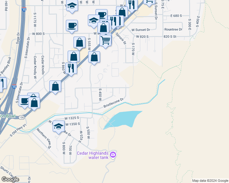 map of restaurants, bars, coffee shops, grocery stores, and more near 342 South Mountain View Drive in Cedar City
