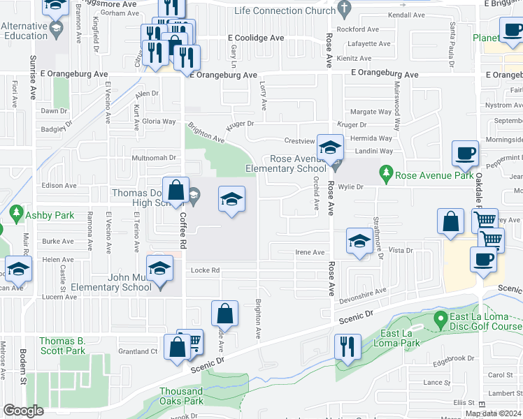 map of restaurants, bars, coffee shops, grocery stores, and more near 1505 Wylie Drive in Modesto