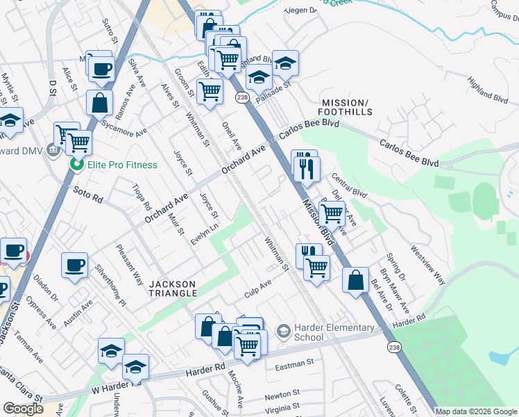 map of restaurants, bars, coffee shops, grocery stores, and more near 25060 Oneil Avenue in Hayward
