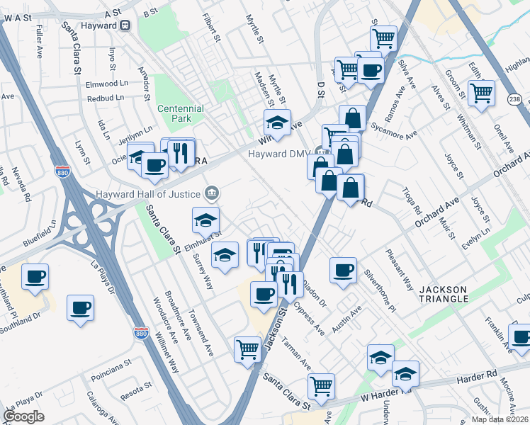 map of restaurants, bars, coffee shops, grocery stores, and more near 24530 Diamond Ridge Drive in Hayward