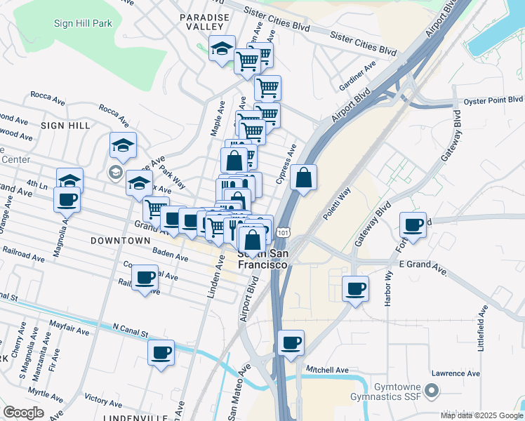 map of restaurants, bars, coffee shops, grocery stores, and more near 203 California Avenue in South San Francisco
