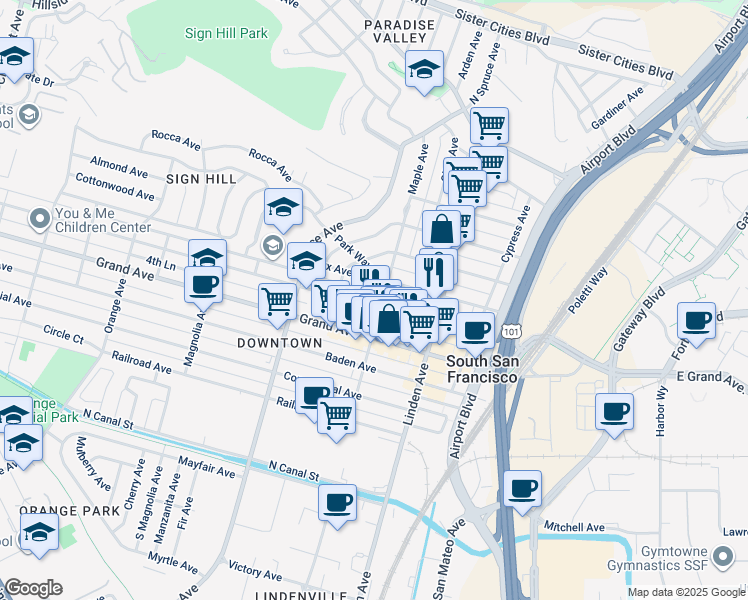 map of restaurants, bars, coffee shops, grocery stores, and more near 419 Maple Avenue in South San Francisco