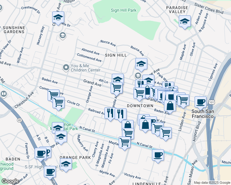 map of restaurants, bars, coffee shops, grocery stores, and more near 307 Magnolia Avenue in South San Francisco