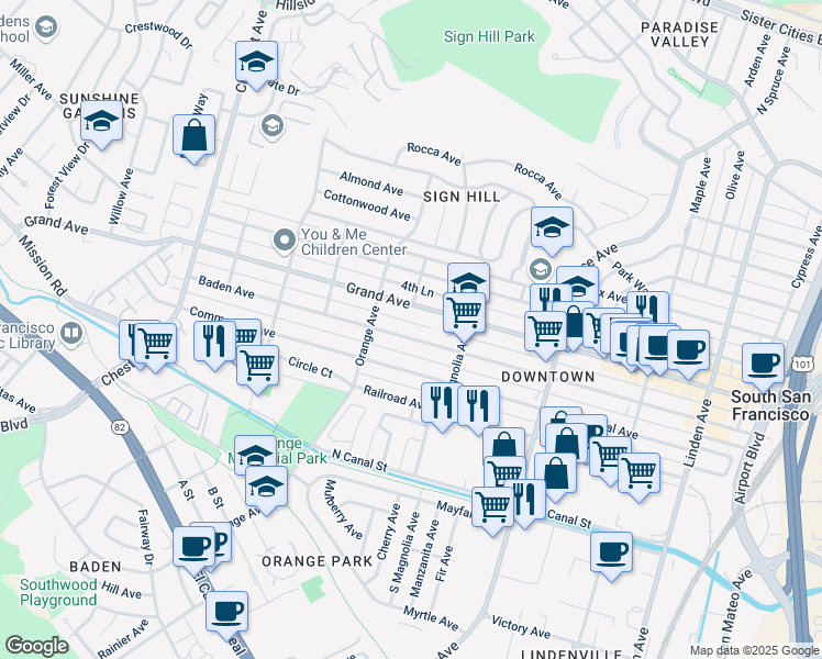 map of restaurants, bars, coffee shops, grocery stores, and more near 667 Grand Avenue in South San Francisco