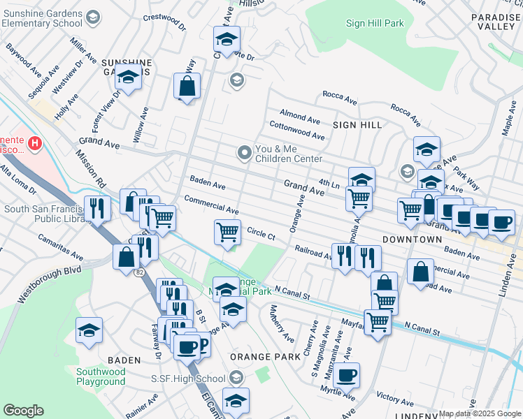 map of restaurants, bars, coffee shops, grocery stores, and more near 745 Baden Avenue in South San Francisco