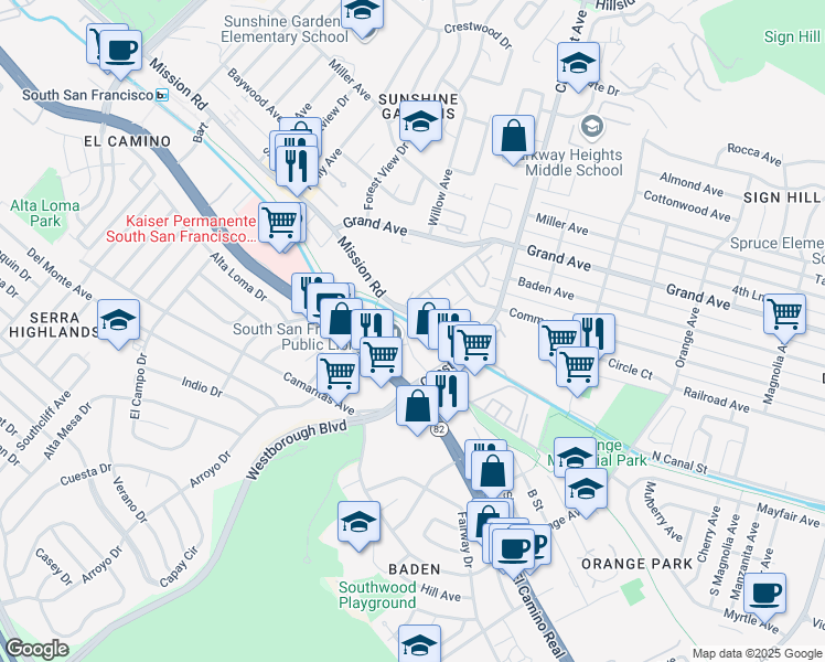 map of restaurants, bars, coffee shops, grocery stores, and more near 954 Mission Road in South San Francisco