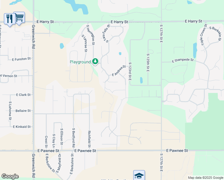 map of restaurants, bars, coffee shops, grocery stores, and more near 1972 Tara Falls Court in Wichita