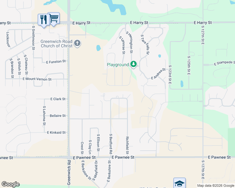 map of restaurants, bars, coffee shops, grocery stores, and more near 11712 East Clark Street in Wichita
