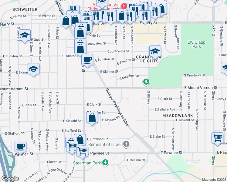 map of restaurants, bars, coffee shops, grocery stores, and more near 3504 East Mount Vernon Street in Wichita