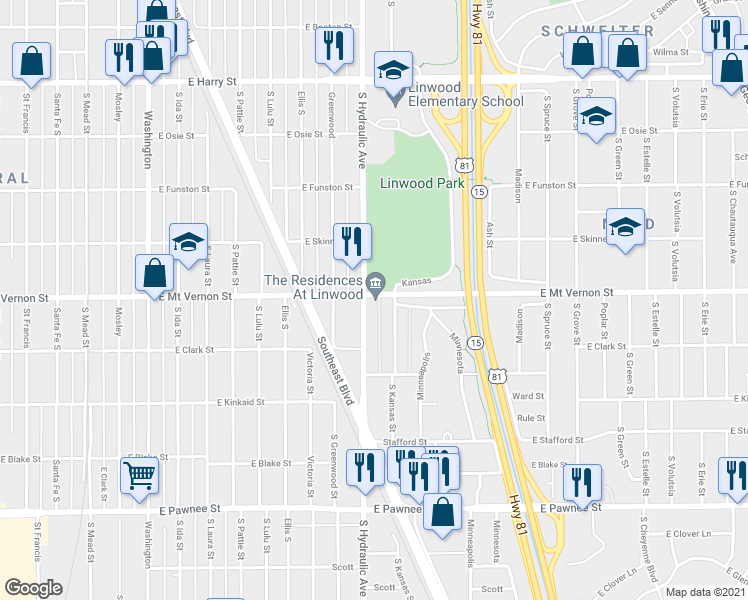 map of restaurants, bars, coffee shops, grocery stores, and more near 1953 South Hydraulic Avenue in Wichita