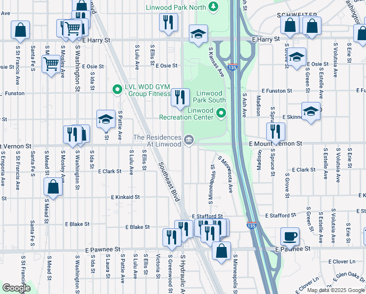 map of restaurants, bars, coffee shops, grocery stores, and more near 1953 South Hydraulic Avenue in Wichita
