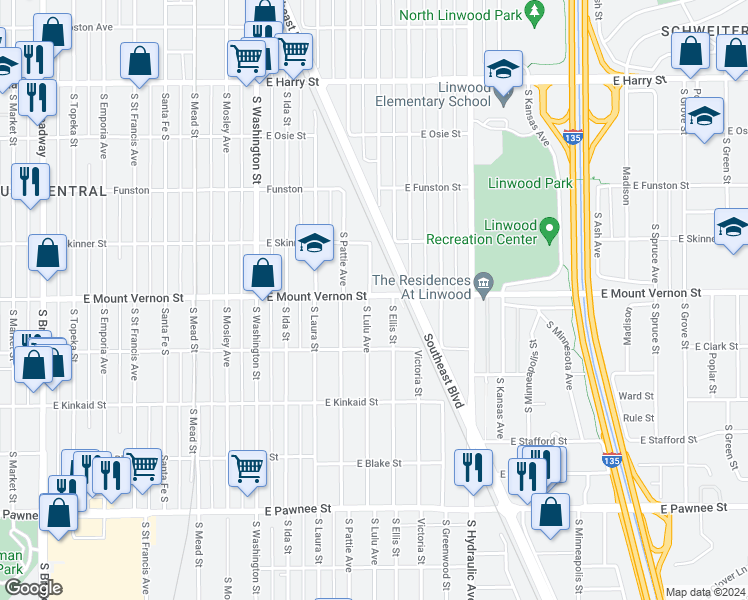 map of restaurants, bars, coffee shops, grocery stores, and more near 1945 South Lulu Street in Wichita