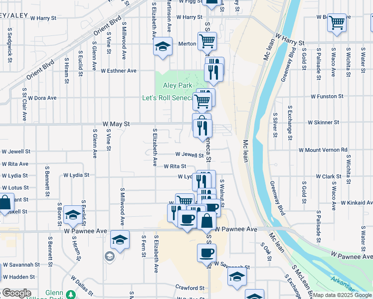 map of restaurants, bars, coffee shops, grocery stores, and more near 1319 West May Street in Wichita