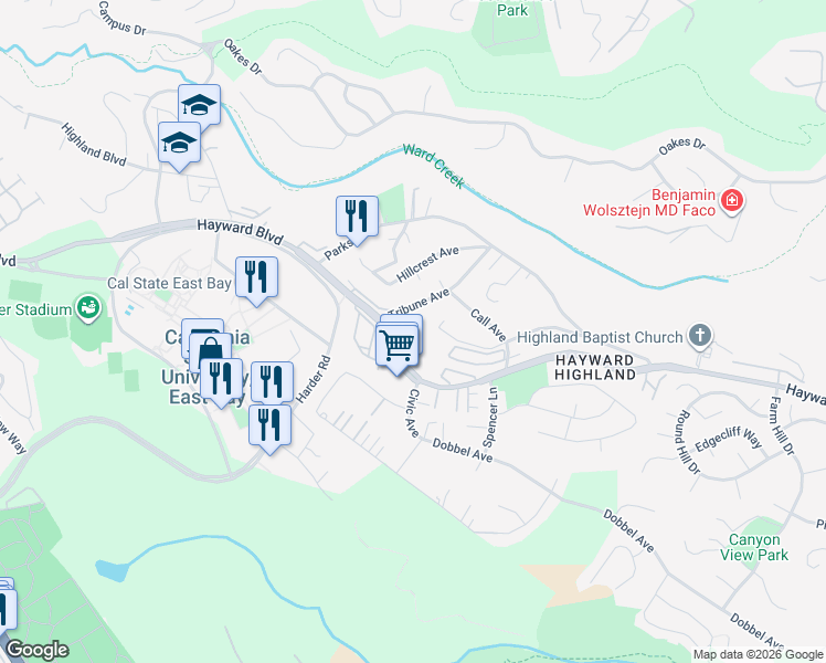 map of restaurants, bars, coffee shops, grocery stores, and more near 26660 Hayward Boulevard in Hayward