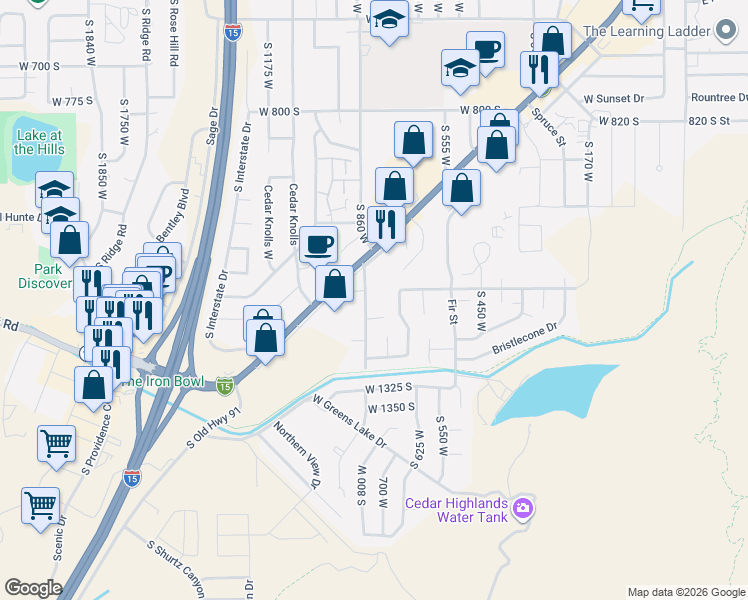 map of restaurants, bars, coffee shops, grocery stores, and more near 1175 South 860 West in Cedar City