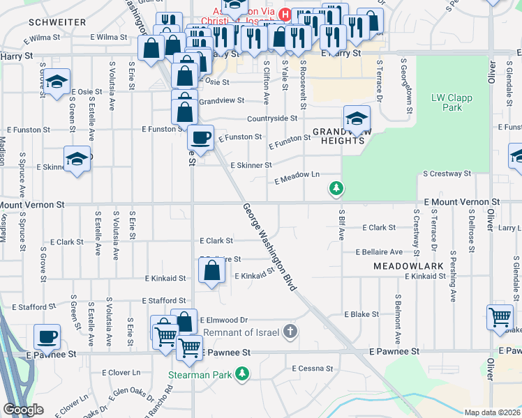 map of restaurants, bars, coffee shops, grocery stores, and more near 3504 East Mount Vernon Street in Wichita