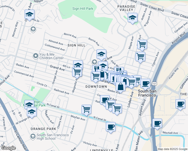 map of restaurants, bars, coffee shops, grocery stores, and more near 520 Grand Avenue in South San Francisco