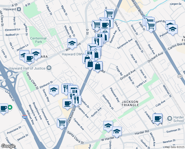 map of restaurants, bars, coffee shops, grocery stores, and more near 107 East Jackson Street in Hayward
