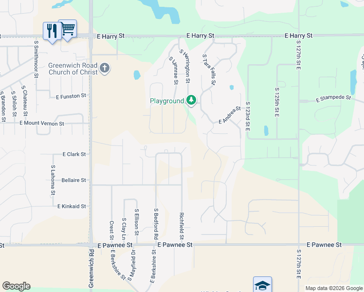map of restaurants, bars, coffee shops, grocery stores, and more near 11850 East Clark Street in Wichita