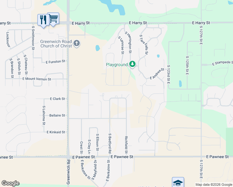 map of restaurants, bars, coffee shops, grocery stores, and more near 11712 East Clark Street in Wichita