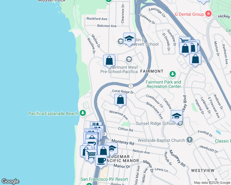 map of restaurants, bars, coffee shops, grocery stores, and more near 354 Coral Ridge Drive in Pacifica