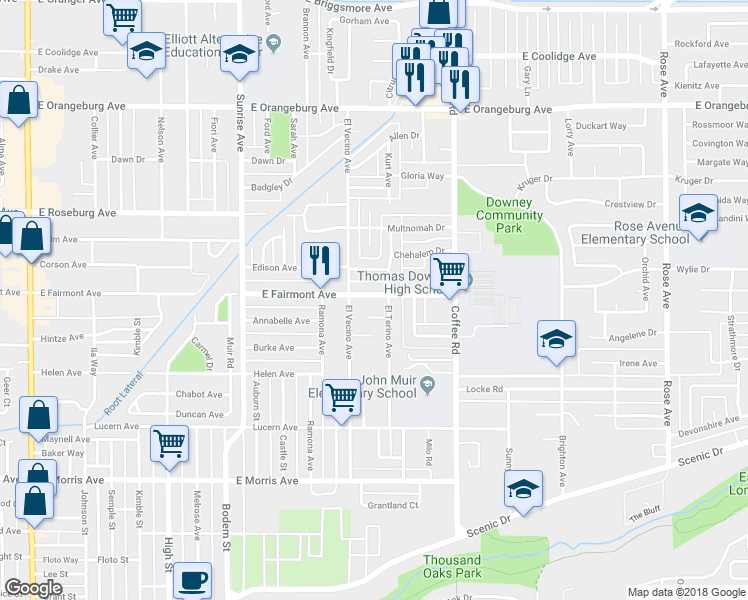 map of restaurants, bars, coffee shops, grocery stores, and more near 1136 East Fairmont Avenue in Modesto